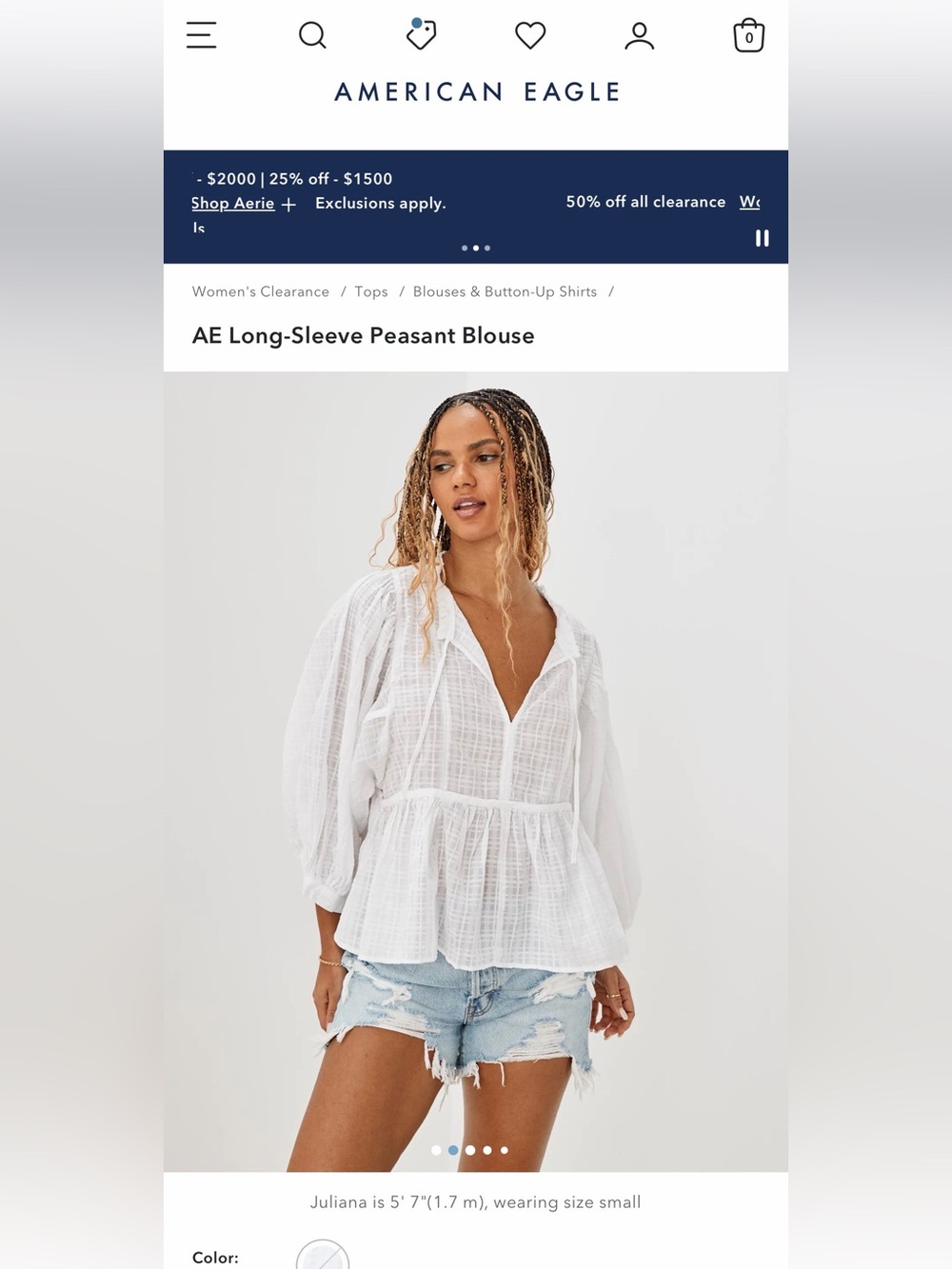 American eagle White Women's Peasant Blouse with Puff Sleeves